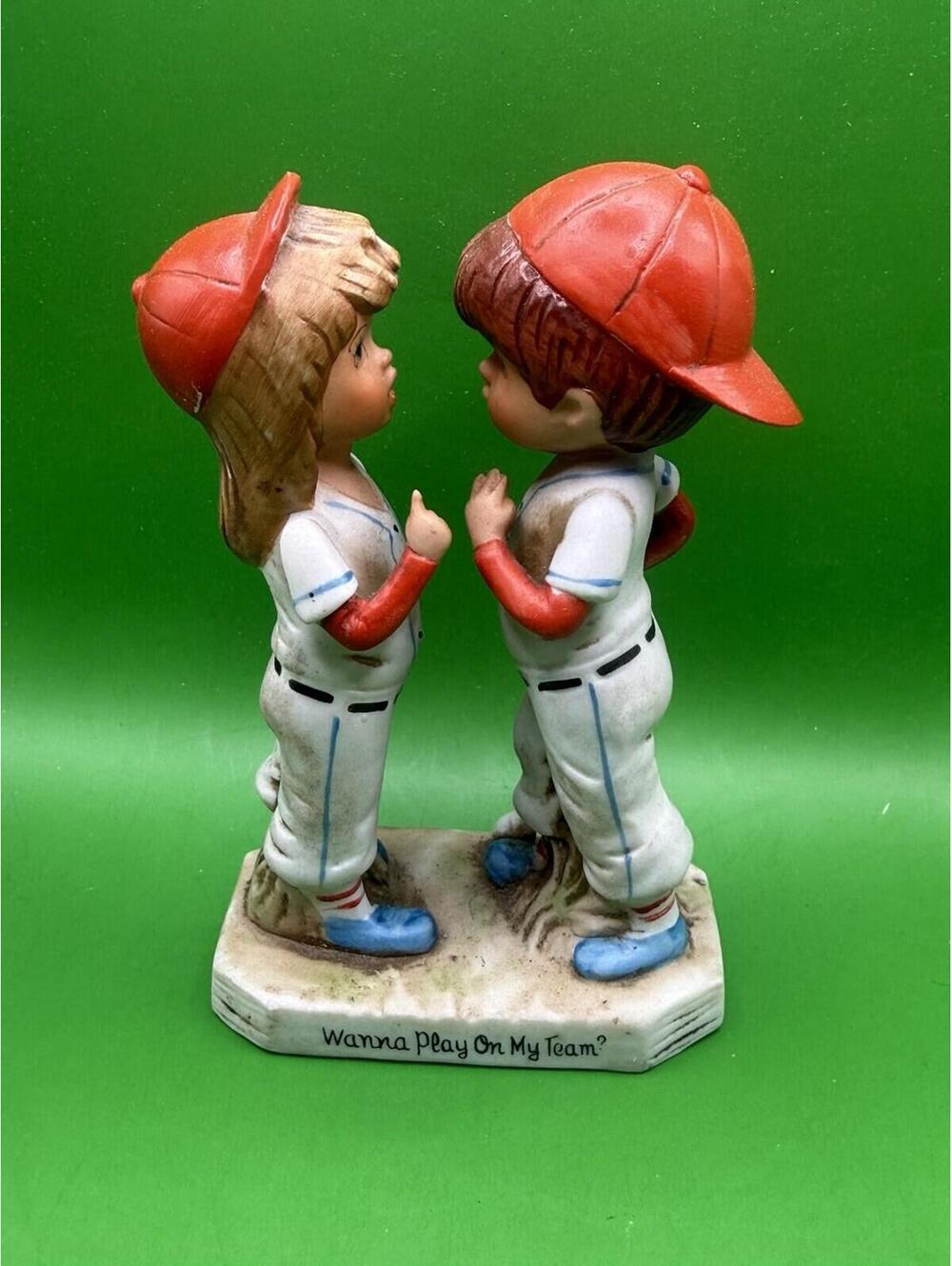 Vintage 1974 Moppets Fran Mar Baseball Player Boy Girl Ceramic Figurine Hgt 5"